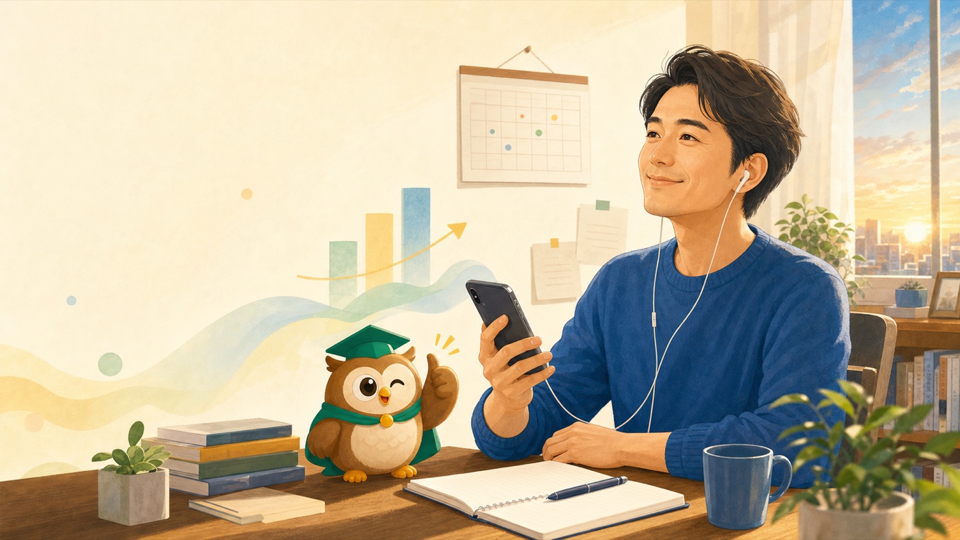 学習を積み上げた自信を感じながらスマホ講義を終える受験生