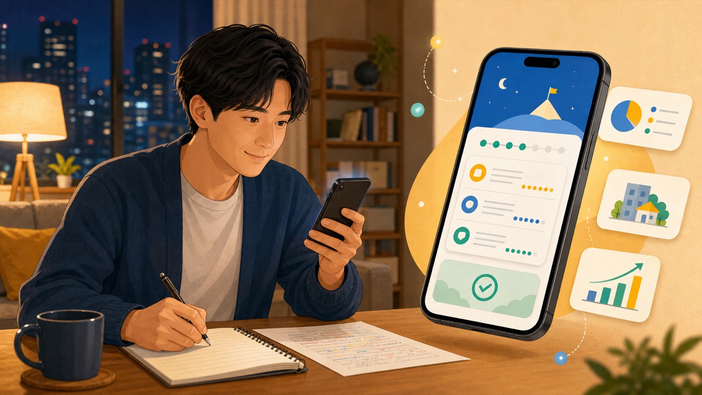 夜の自宅でスマホ教材を使い、宅建の勉強を続ける社会人