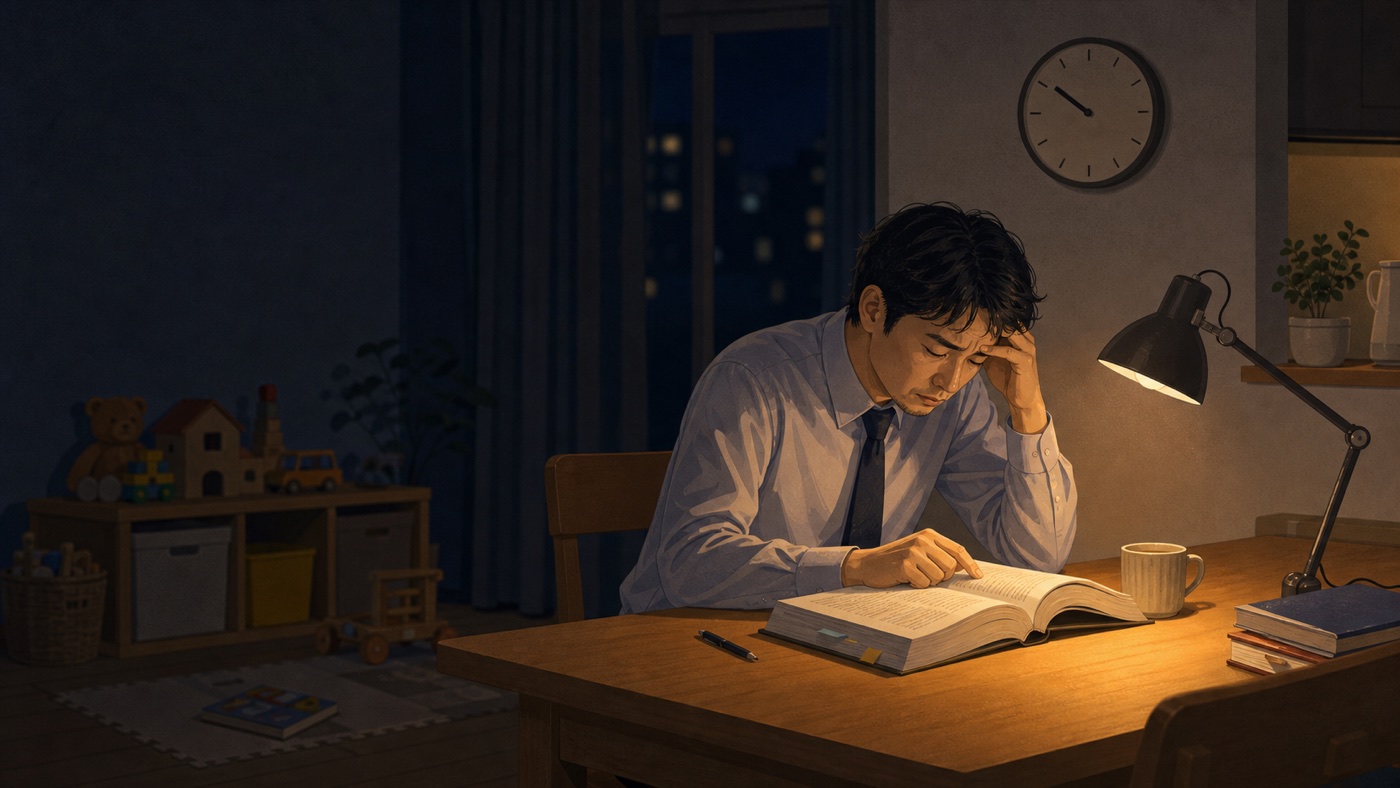 仕事と家事を終えた22時、眠気と戦いながらテキストを読む受験生