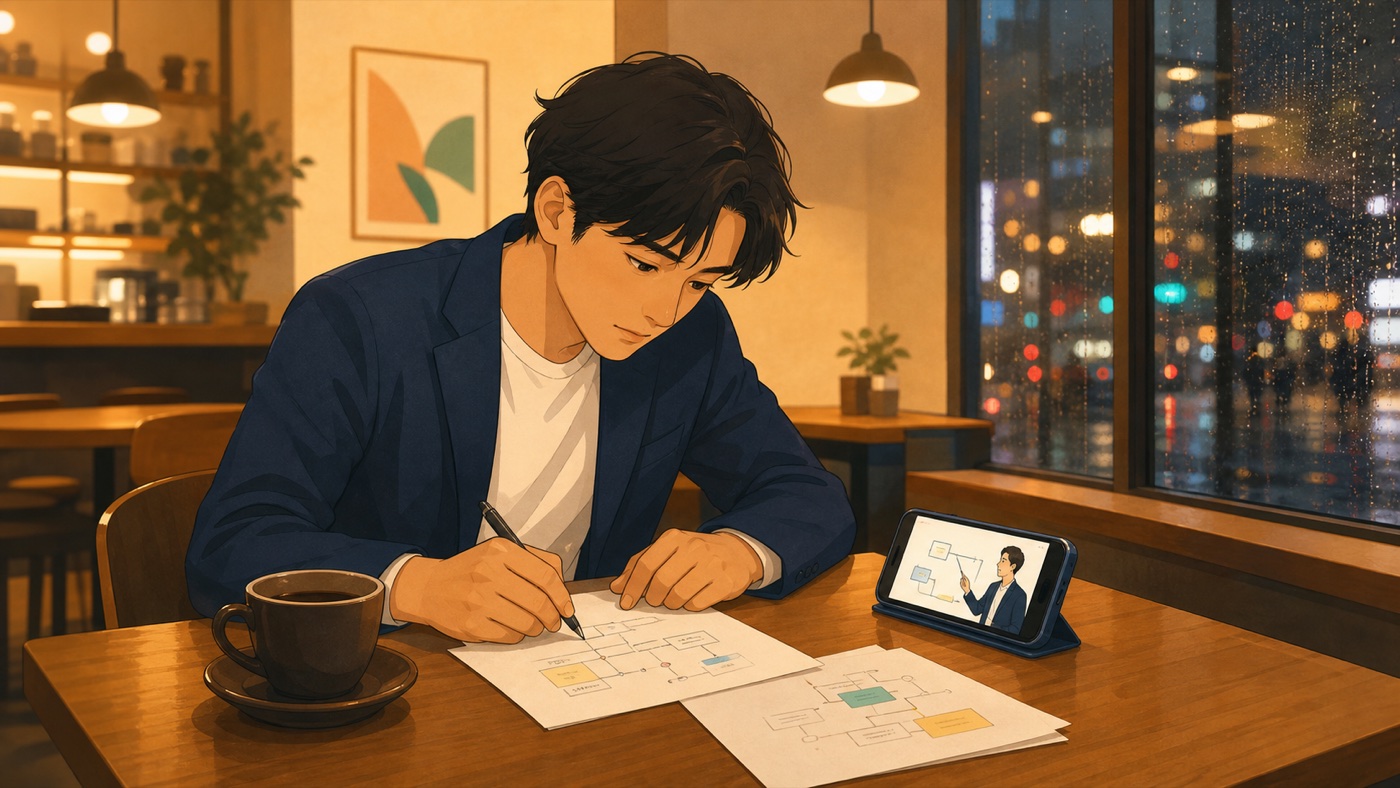 仕事帰りのカフェでスマホ動画とレジュメを使って勉強する受験生